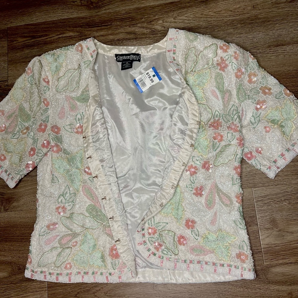 Vintage Floral Sequin Beaded Short Sleeve Blazer
